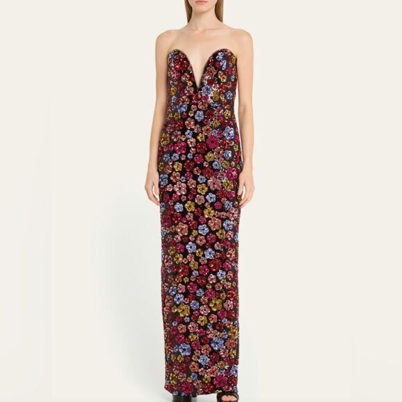 Marchesa Notte Strapless Plunging Floral Sequin Column Gown size 6 - Picture 2 of 13